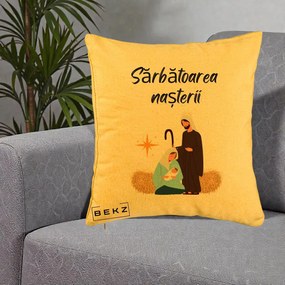 Perna Decorativa Nasterea Domnului Sfanta Familie Sarbatoarea Nasterii, 40x40 cm, Galben, Husa Detasabila, Perna Inclusa, BEKZ®