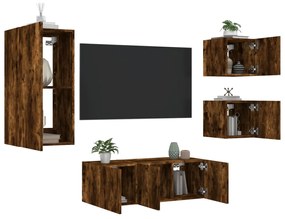 Unitati de perete TV cu LED-uri, 5 piese, stejar fumuriu, lemn