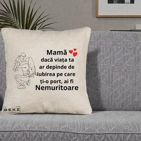 Cadou pentru Mama - Perna Personalizata Mama Nemuritoare Portret Graphic, 40x40 cm, Bej Canapea, Husa Detasabila, Perna Inclusa, BEKZ®