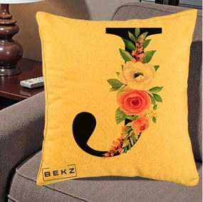 Cadou Personalizat - Perna Personalizata Monograma Florala Litera J, 40x40 cm, Galben, Husa Detasabila, Perna Inclusa, BEKZ®