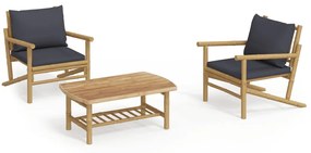 3156478 vidaXL Set mobilier de grădină, perne gri închis, 3 piese, bambus