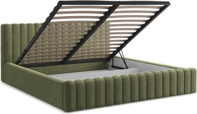 Pat matrimonial verde tapițat cu spațiu de depozitare cu somieră 140x200 cm Lemi – Makamii