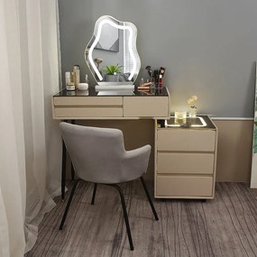 RESIGILAT- Set ISIDORE, Masă de toaletă pentru machiaj, incarcare Wireless+USB, oglindă iluminată LED, control touch, trei tipuri culoare, 6 sertare, comodă iluminata LED, difuzor Bluetooth, scaun, 80 cm