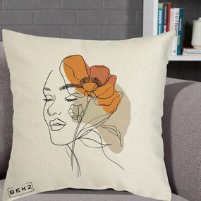 Perna Decorativa Portret Feminin Mac Mare Portocaliu, 40x40 cm, Ecru, Husa Detasabila, Perna Inclusa, BEKZ®