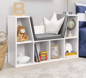 Bibliotecă pentru copii cu scaune, alb/gri, FERIA