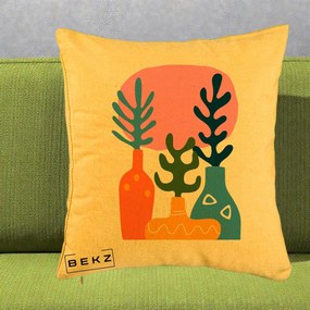 Perna Decorativa Vaze Botanice Abstract, 40x40 cm, Galben, Husa Detasabila, Perna Inclusa, BEKZ®