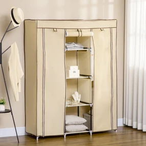 HOMCOM Dulap Portabil din Stofă cu 8 Rafturi și 2 Bare, Organizator Haine cu Ușă Rulantă, 125x43x162.5 cm, Bej | Aosom Romania