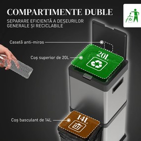 HOMCOM Coș de gunoi pentru colectare selectivă, 2 compartimente 20+14 L, cu recipiente interioare detașabile, din oțel inoxidabil și PP, argintiu | Aosom Romania