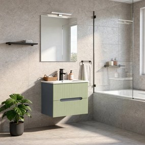 Trent mobilier de baie 60 cm chiuvetă ceramică (2 sertare) cu oglindă 60x80 cm gri antracit-verde fistic