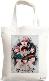 Sacosa de Panza pentru Cumparaturi, Geanta Tote, model BTS Army 3, 38x34.5 cm, Alba, BEKZ®