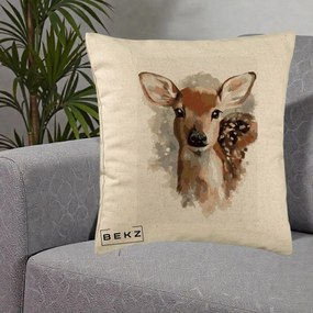 Perna Decorativa Caprioara Pui Acuarela, 40x40 cm, Bej, Husa Detasabila, Perna Inclusa, BEKZ®
