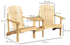 Outsunny Adirondack Gartenstuhl cu Masă și Orificiu pentru Umbrelă, 2 Locuri Scaun Grupa pentru Grădină Mobilier Exterior pentru Balcon Lemn Masiv Natural 178 x 87 x 92 cm | Aosom Romania