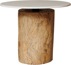 Masă dining rotundă din marmură, alb, 4 locuri, cu bază din trunchi de lemn reciclat, 76 x 90 cm, „Mawo”
