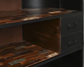 Bar insulă vintage din metal și lemn, negru și multicolor, cu bară pentru picioare, 3 rafturi și 2 sertare, 106 x 165 x 60 cm, „Barme”
