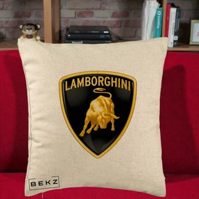 Perna Personalizata cu emblema Lamborghini, 40x40 cm, Bej, Husa Detasabila, Perna Inclusa, BEKZ®