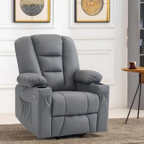 RESIGILAT- Fotoliu Electric Power Lift&Recliner, ridicare și rabatare, masaj și incalzire, porturi USB, suporturi pentru pahare, buzunare laterale, telecomenzi, PU, Gri