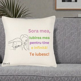 Cadou pentru Sora - Perna Personalizata Sora Mea Te Iubesc Line Art Fete Colorate Brate Ridicate, 40x40 cm, Crem Reliefat, Husa Detasabila, Perna Inclusa, BEKZ®