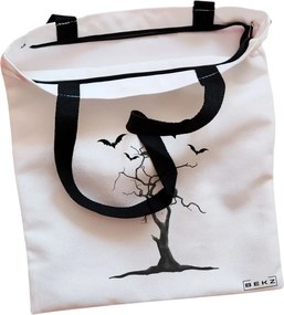 Sacosa de Panza pentru Cumparaturi, Geanta Tote, model The Haunted Tree, Cu fermoar, 38x34.5 cm, Alba, BEKZ®