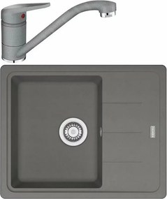 Set chiuveta bucatarie compozit Franke Basis 1 cuva cu picurator 62x50 cm reversibila finisaj Stone Grey mat cu baterie