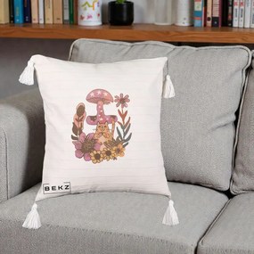 Perna Decorativa Ciuperca Pisica Boho, 40x40 cm, Bej cu Franjuri, Husa Detasabila, Perna Inclusa, BEKZ®