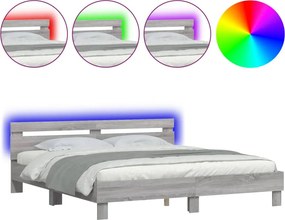 vidaXL Cadru de pat cu tăblie și LED, gri sonoma, 200x200 cm