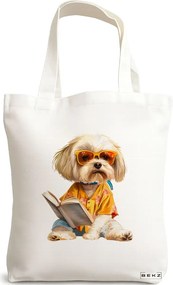 Sacosa de Panza pentru Cumparaturi, Geanta Tote, model Reading puppy 15 38 x 34.5 cm, Alba, BEKZ®
