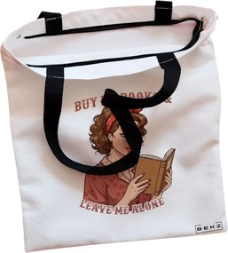 Sacosa de Panza pentru Cumparaturi, Geanta Tote, model Buy me Books &amp; Leave me Alone, Cu fermoar, 38x34.5 cm, Alba, BEKZ®