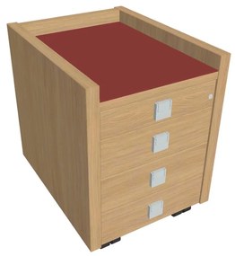 Comodă mobilă Verno 47 x 60 cm cu sticlă, 4 sertare, stejar deschis / roșu
