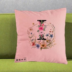 Cadou Personalizat - Perna Personalizata Monogram Litera I cu Flori Acuarela, 40x40 cm, Roz, Husa Detasabila, Perna Inclusa, BEKZ®