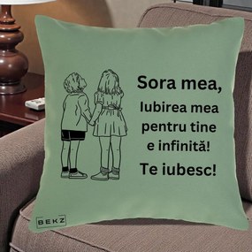 Cadou pentru Sora - Perna Personalizata Sora Mea Te Iubesc Copii Tinand Maini Line Art, 40x40 cm, Verde, Husa Detasabila, Perna Inclusa, BEKZ®