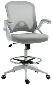 Vinsetto Scaun de birou ergonomic, cu înălțime reglabilă, suport picioare, brațe rabatabile, plasă respirabilă, 360° rotativ, gri/alb | Aosom Romania