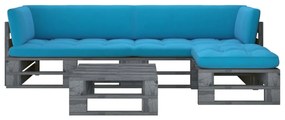 Set mobilier din paleti cu perne, 4 piese, lemn pin gri tratat Albastru, 2x colt + suport pentru picioare + masa, Gri, 1