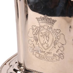 Frapieră pentru vin și șampanie din alamă lucrată manual, argintie, pentru o sticlă, pe tavă, cu blazon gravat, aspect vintage, finisaj nichelat, 22