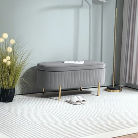 HOMCOM Bancă de Depozitare pentru Intrare Ovală 72L cu Design Scanalat, Capac Ridicabil și Șezut Capitonat, Bancă de la Capătul Patului Pouf în Catifea și Picioare de Lemn de Pin, 108x44x43.5 cm, Gri | Aosom Romania