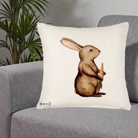 Perna Decorativa Iepuras Acuarela cu Morcov, 40x40 cm, Crem Reliefat, Husa Detasabila, Perna Inclusa, BEKZ®