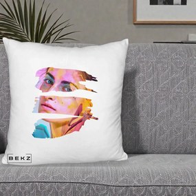 Perna Decorativa Portret Femeie Fragmentat Colorat, 40x40 cm, Alb Pufos, Husa Detasabila, Perna Inclusa, BEKZ®