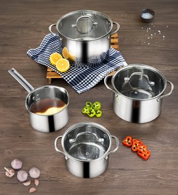 Set vase de gatit din inox Zilan ZLN1344 cu 7 piese, manere nituite, Compatibil gaz, inductie electric, Compatibil masina de spalat vase