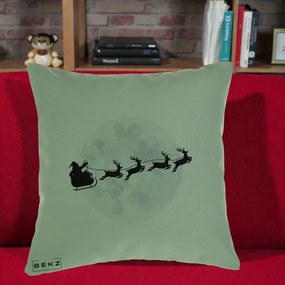 Perna Decorativa Mos Craciun Sanie Luna, 40x40 cm, Verde, Husa Detasabila, Perna Inclusa, BEKZ®