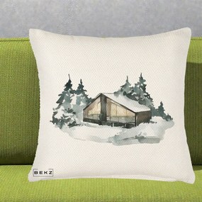 Perna Decorativa Cabana de Iarna in Padure, 40x40 cm, Crem Reliefat, Husa Detasabila, Perna Inclusa, BEKZ®