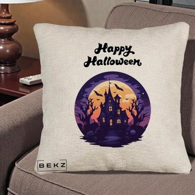 Perna Decorativa Happy Halloween Casa Bantuita Violet, 40x40 cm, Bej Canapea, Husa Detasabila, Perna Inclusa, BEKZ®