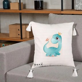 Perna Personalizata Dinozaur Bland Coroana Kawaii, 40x40 cm, Bej cu Franjuri, Husa Detasabila, Perna Inclusa, BEKZ®