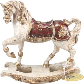 Statuetă decorativă din polirășină, alb și roșu, cal balansoar, 16,5 x 16 x 6 cm, „Carrousel”