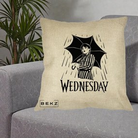 Perna Personalizata Wednesday cu Umbrela Ploaie Lineart, 40x40 cm, Crem, Husa Detasabila, Perna Inclusa, BEKZ®