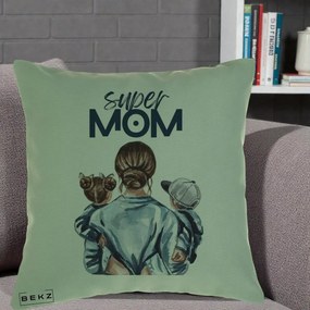 Cadou pentru Mama - Perna Personalizata Super Mom, 40x40 cm, Verde, Husa Detasabila, Perna Inclusa, BEKZ®