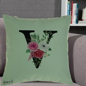 Cadou Personalizat - Perna Personalizata Monograma Florala Litera V cu Buchet, 40x40 cm, Verde, Husa Detasabila, Perna Inclusa, BEKZ®
