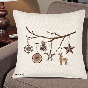 Perna Decorativa Ornamente de Lemn pe Ramura, 40x40 cm, Crem Reliefat, Husa Detasabila, Perna Inclusa, BEKZ®