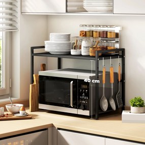 HOMCOM Suport extensibil pentru cuptor cu microunde pe 2 niveluri cu 3 cârlige, din metal, negru | Aosom Romania