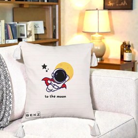 Perna Decorativa Astronaut To The Moon, 40x40 cm, Bej cu Franjuri, Husa Detasabila, Perna Inclusa, BEKZ®