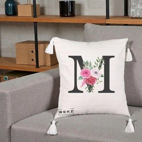 Cadou Personalizat - Perna Personalizata Monograma Florala Litera M cu Trandafiri si Anemona, 40x40 cm, Bej cu Franjuri, Husa Detasabila, Perna Inclusa, BEKZ®
