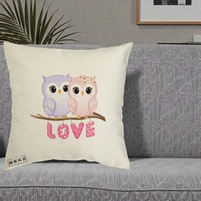 Perna Decorativa Love Bufnite Indragostite pe Crenguta Roz si Mov, 40x40 cm, Ecru, Husa Detasabila, Perna Inclusa, BEKZ®